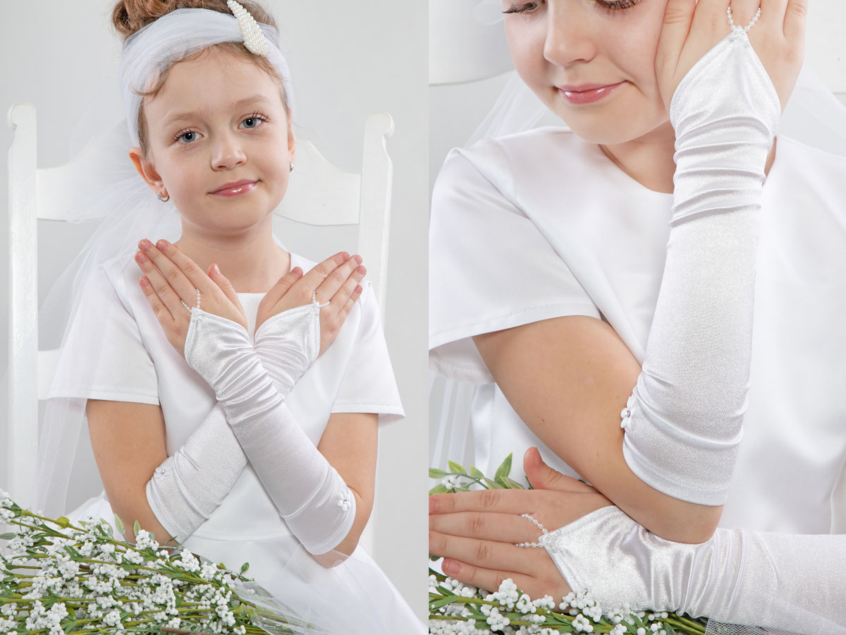 Długie gładkie rękawiczki z kwiatkiem z kryształkiem NR2/D
